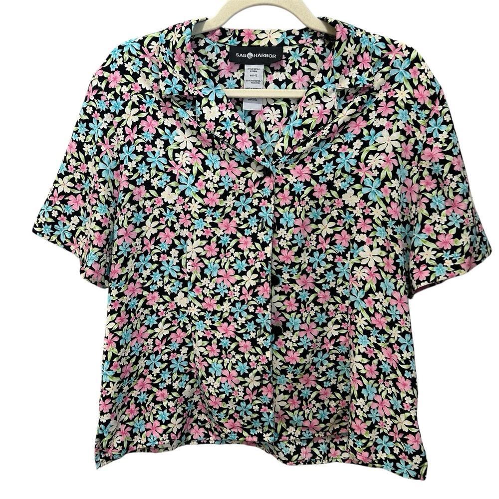 Sag Harbor Women Pastel‎ Floral Short Sleeve Button-Up Shirt Size 12